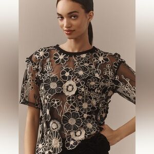Anthropologie Dolan Left Coast Black and Gold Flower Appliqué Sheer Tee